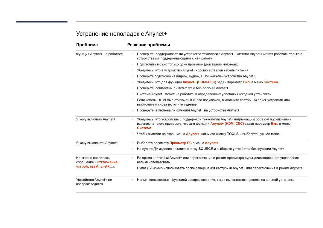 Samsung LH55UEDPLGC/EN, LH46UEDPLGC/EN manual Устранение неполадок с Anynet+, Проблема Решение проблемы, Система 