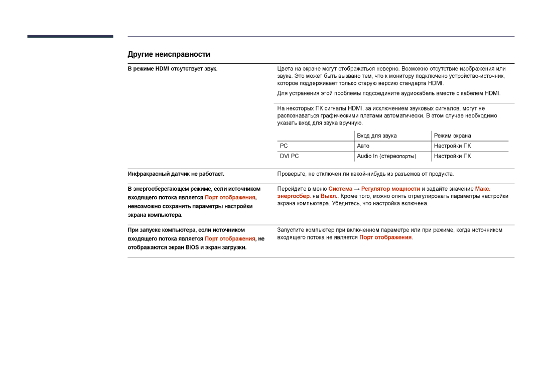 Samsung LH46UEDPLGC/EN, LH55UEDPLGC/EN manual Режиме Hdmi отсутствует звук, Инфракрасный датчик не работает 