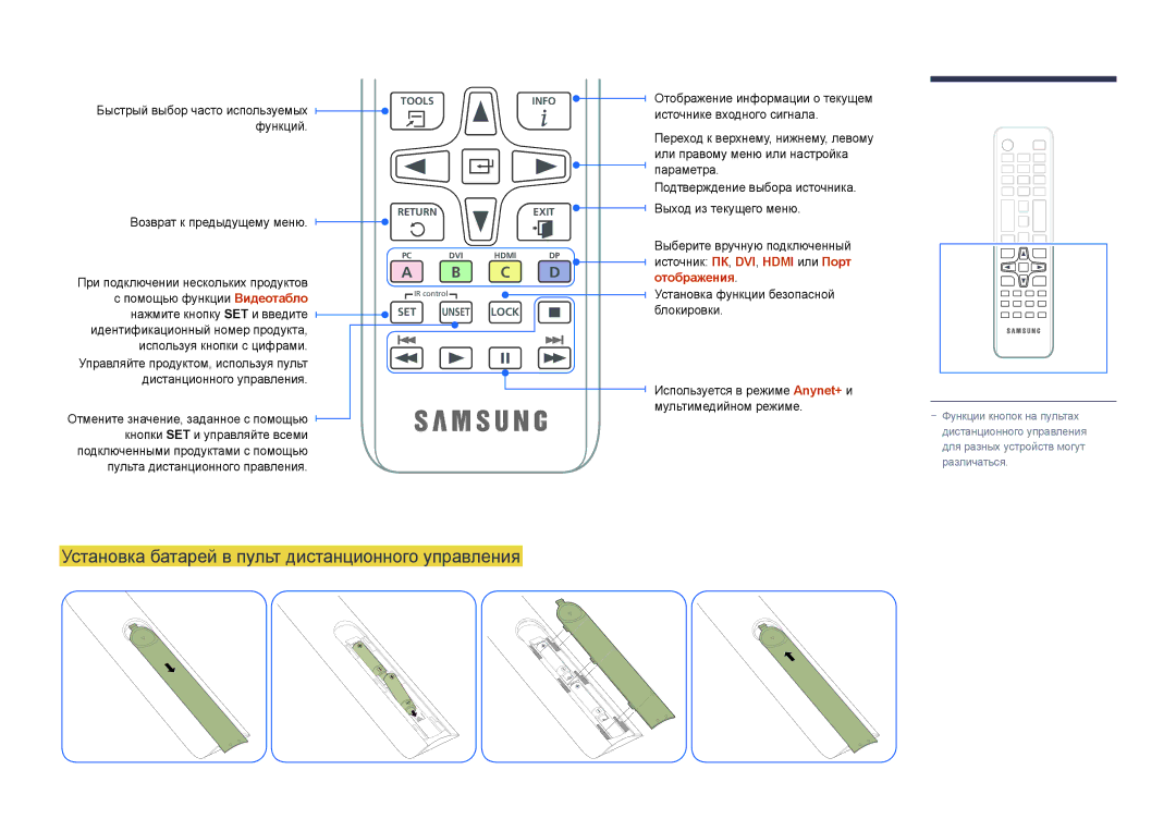 Samsung LH55UEDPLGC/EN, LH46UEDPLGC/EN manual Установка батарей в пульт дистанционного управления, C D 