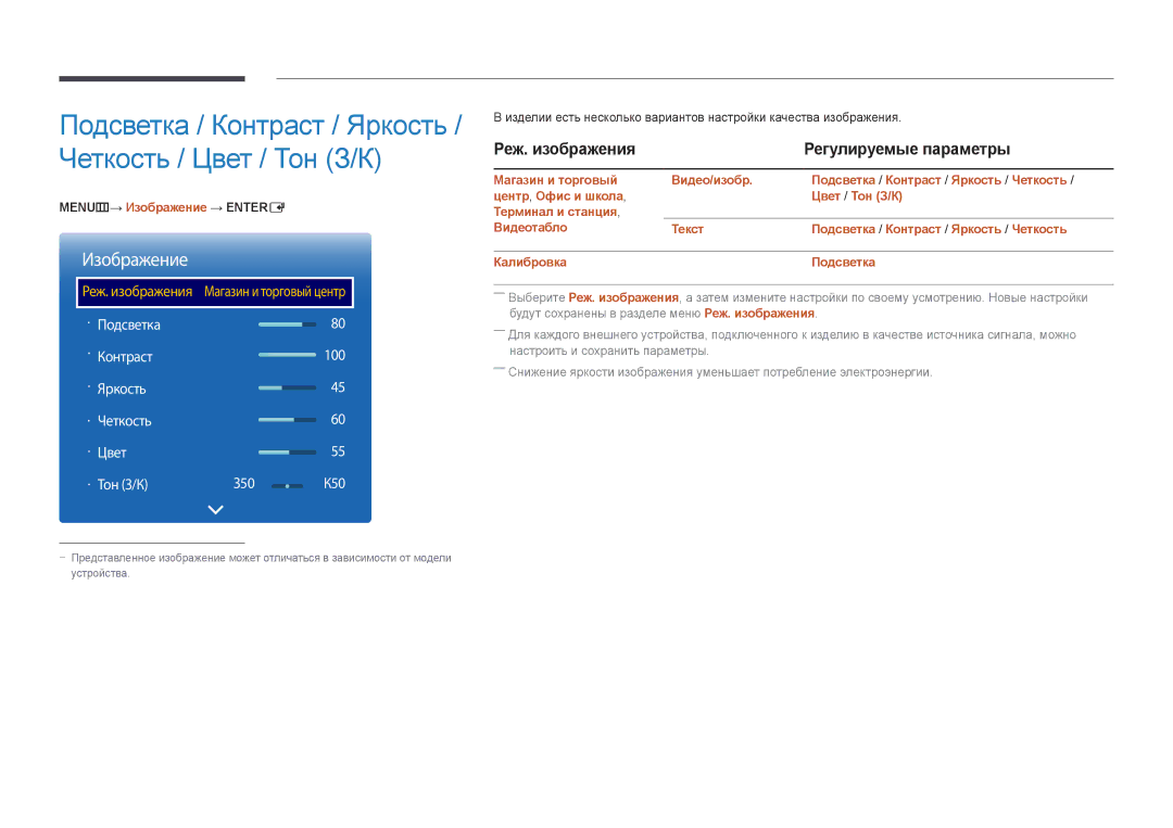 Samsung LH55UEDPLGC/EN, LH46UEDPLGC/EN manual Подсветка / Контраст / Яркость / Четкость / Цвет / Тон З/К, Реж. изображения 