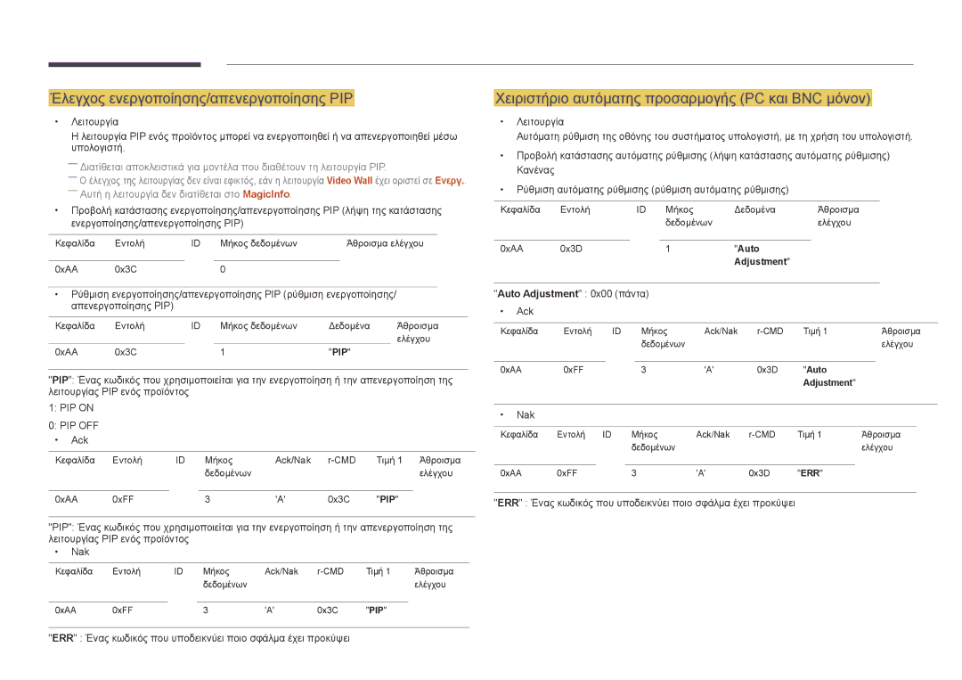 Samsung LH55UEDPLGC/EN manual Έλεγχος ενεργοποίησης/απενεργοποίησης PIP, Χειριστήριο αυτόματης προσαρμογής PC και BNC μόνον 