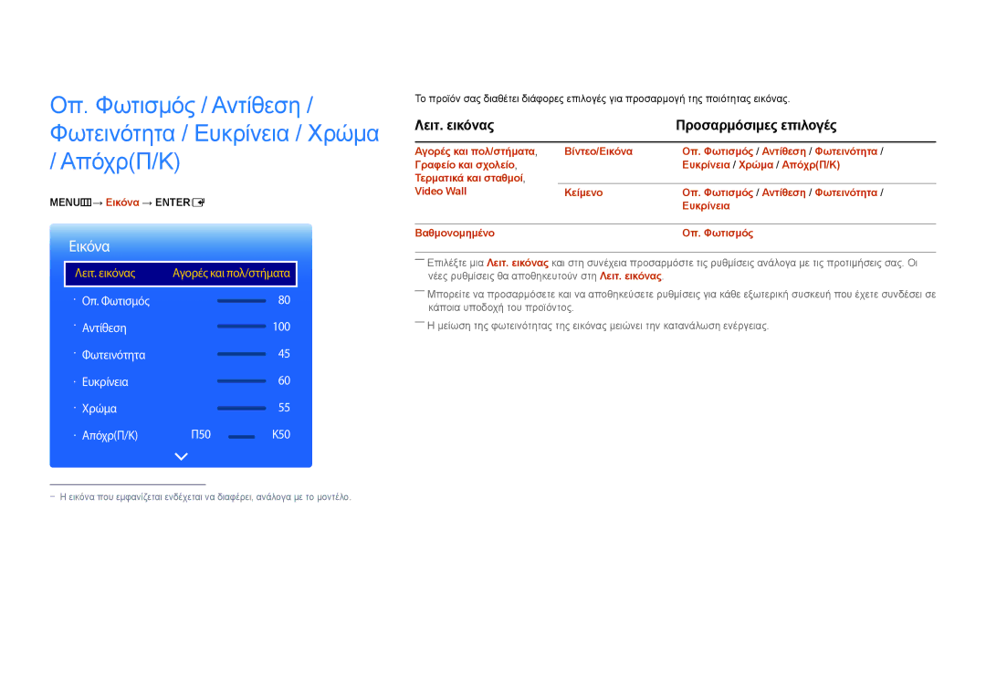 Samsung LH55UEDPLGC/EN, LH46UEDPLGC/EN manual ΑπόχρΠ/Κ, Λειτ. εικόνας, MENUm→ Εικόνα → Entere 