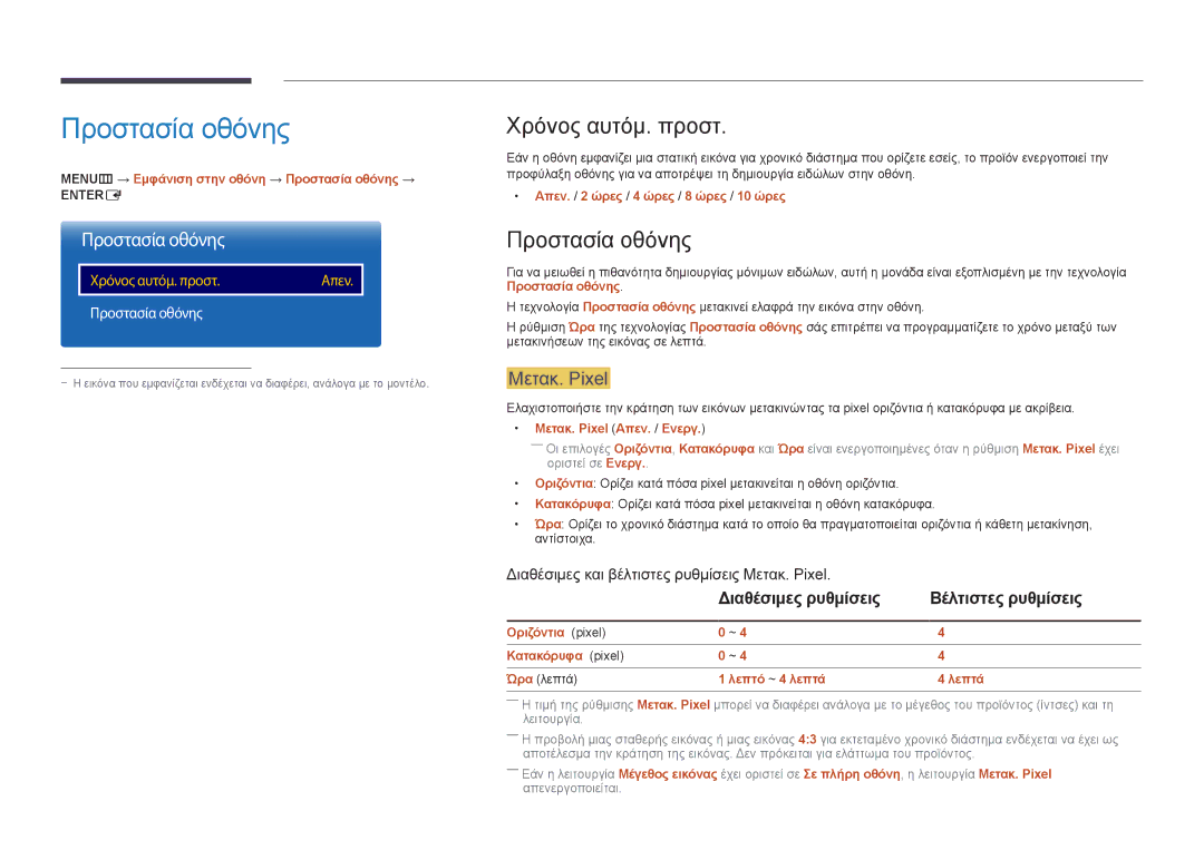 Samsung LH55UEDPLGC/EN, LH46UEDPLGC/EN manual Προστασία οθόνης, Χρόνος αυτόμ. προστ, Μετακ. Pixel 