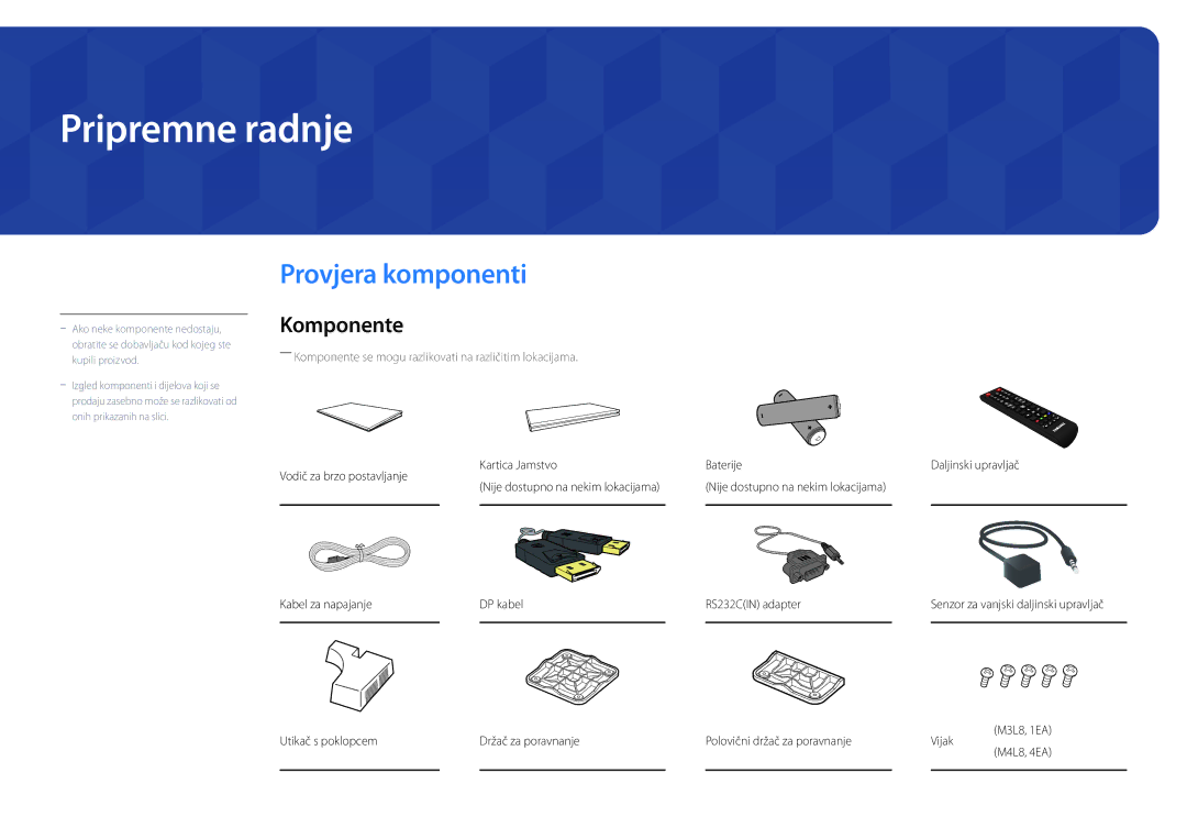 Samsung LH46UEDPLGC/EN Pripremne radnje, Provjera komponenti, Komponente, Kabel za napajanje DP kabel RS232CIN adapter 