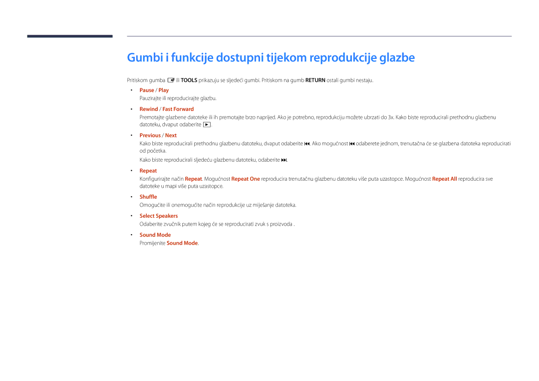 Samsung LH55UEDPLGC/EN manual Gumbi i funkcije dostupni tijekom reprodukcije glazbe, Pauzirajte ili reproducirajte glazbu 