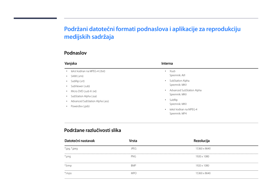 Samsung LH46UEDPLGC/EN manual Podnaslov, Podržane razlučivosti slika, Vanjska, Datotečni nastavak Vrsta Rezolucija 