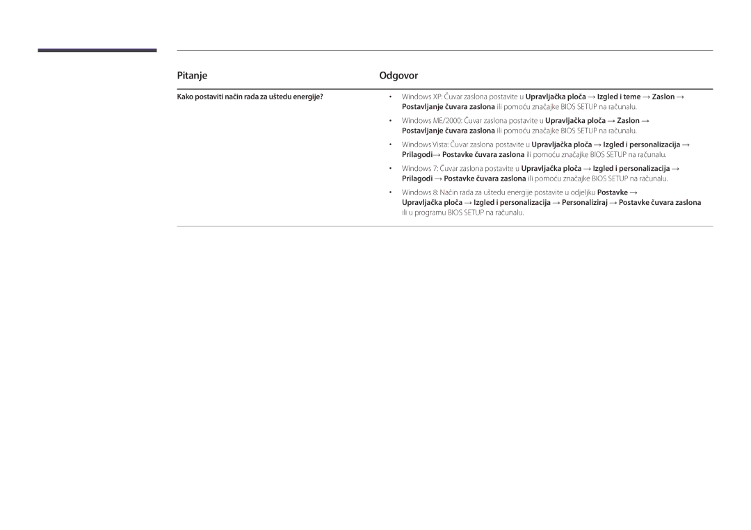 Samsung LH46UEDPLGC/EN, LH55UEDPLGC/EN manual Pitanje, Kako postaviti način rada za uštedu energije? 