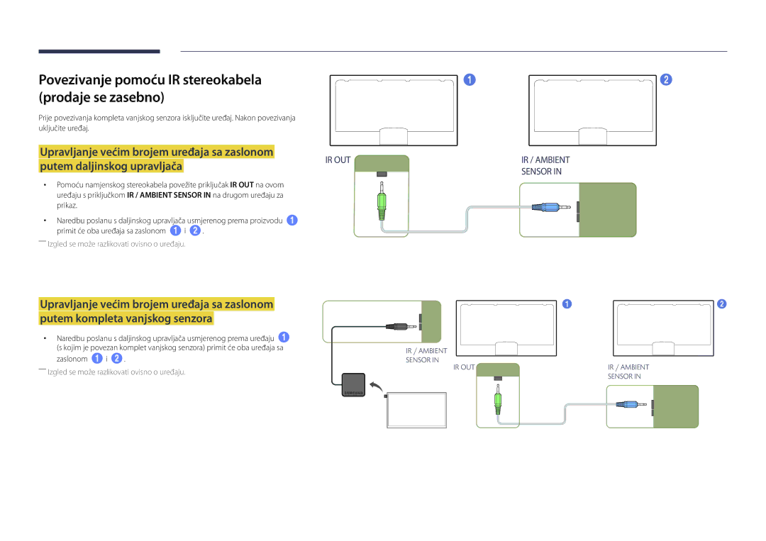 Samsung LH46UEDPLGC/EN, LH55UEDPLGC/EN manual Povezivanje pomoću IR stereokabela Prodaje se zasebno, Zaslonom 1 i 