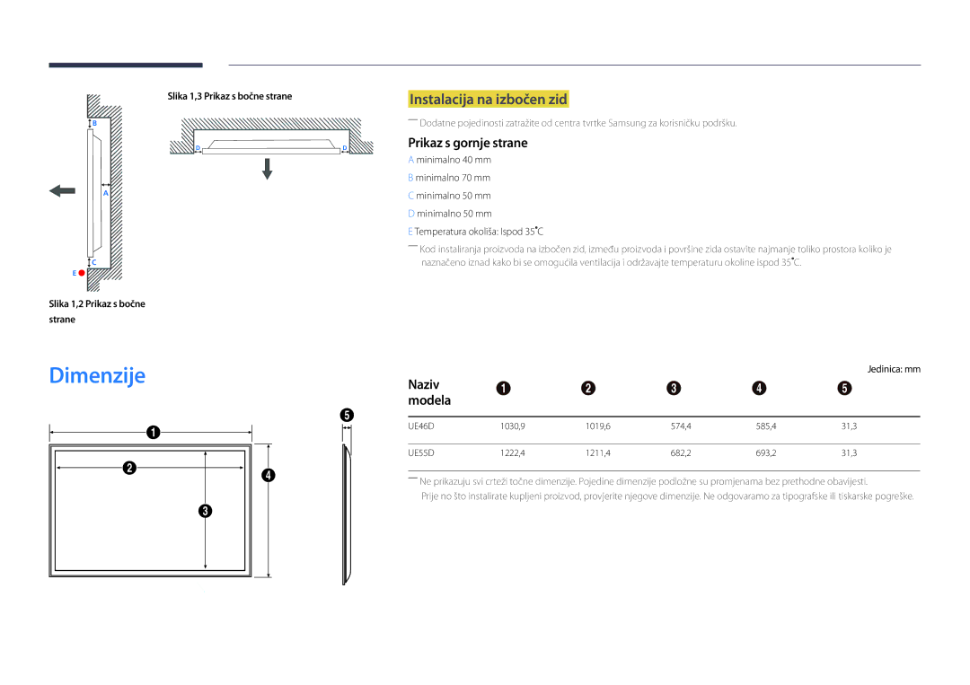 Samsung LH46UEDPLGC/EN Instalacija na izbočen zid, Prikaz s gornje strane, Naziv Modela, Temperatura okoliša Ispod 35 C 