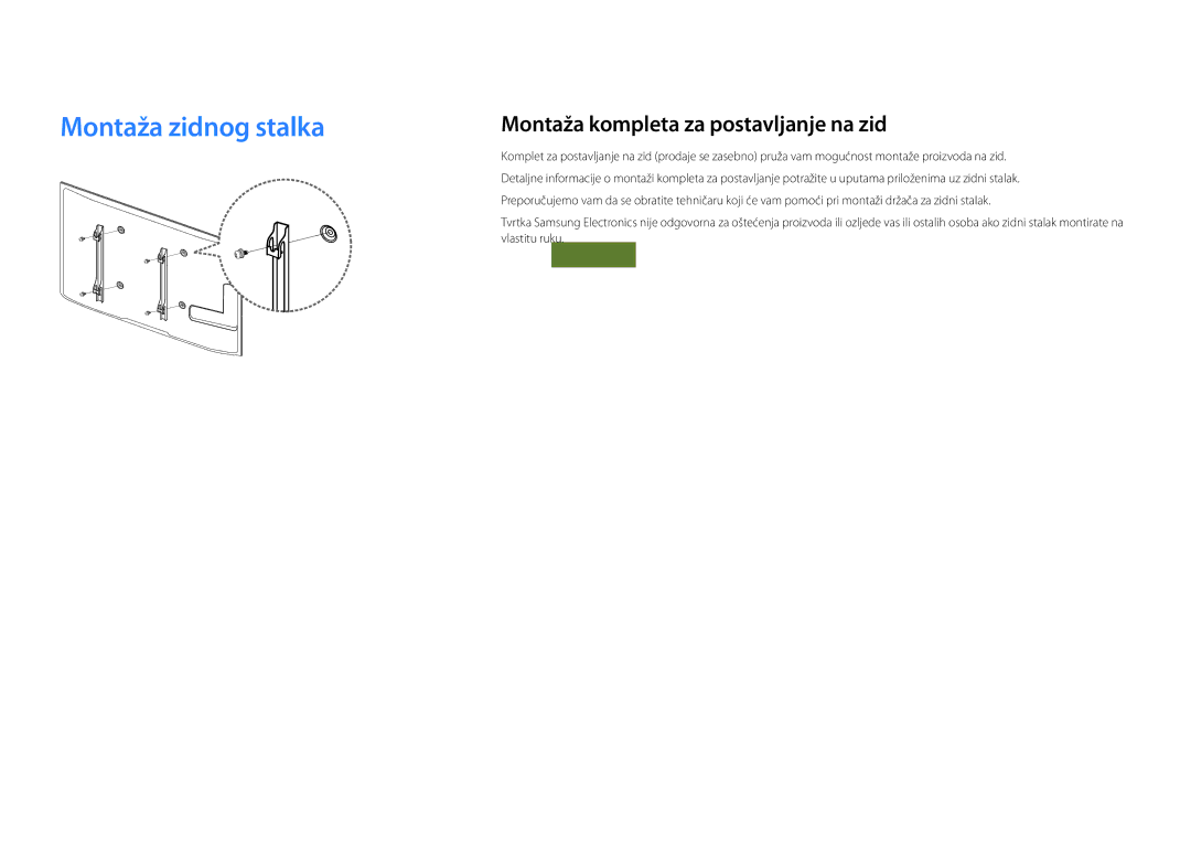 Samsung LH46UEDPLGC/EN, LH55UEDPLGC/EN manual Montaža zidnog stalka, Montaža kompleta za postavljanje na zid 