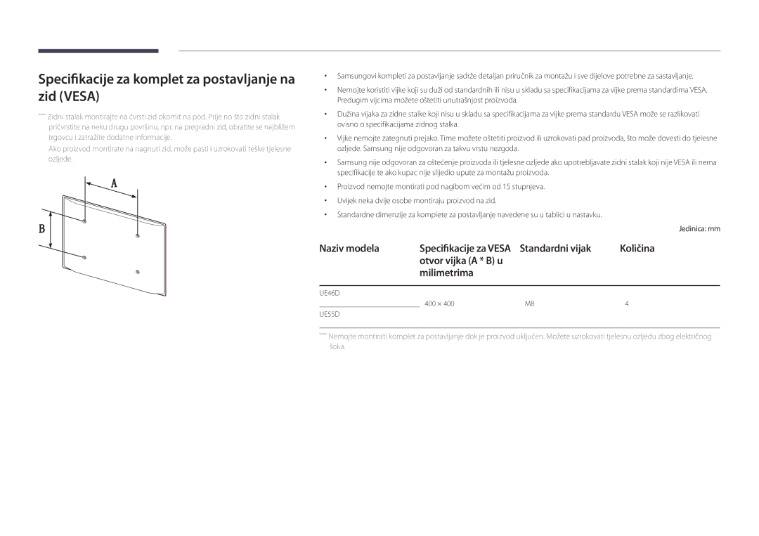 Samsung LH55UEDPLGC/EN, LH46UEDPLGC/EN manual Specifikacije za komplet za postavljanje na zid Vesa 