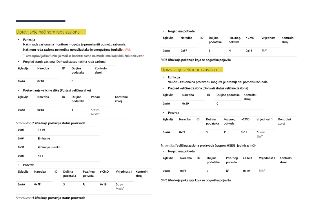 Samsung LH46UEDPLGC/EN manual Upravljanje načinom rada zaslona, Pregled stanja zaslona Dohvati status načina rada zaslona 