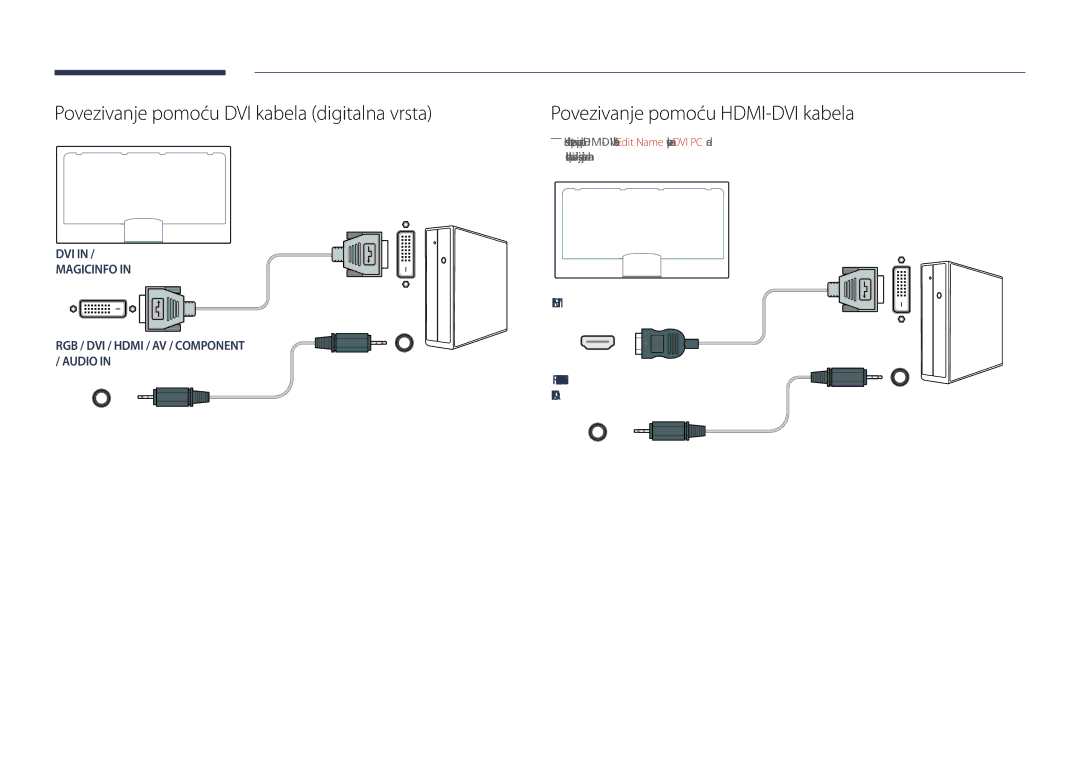 Samsung LH55UEDPLGC/EN, LH46UEDPLGC/EN Povezivanje pomoću DVI kabela digitalna vrsta, Povezivanje pomoću HDMI-DVI kabela 