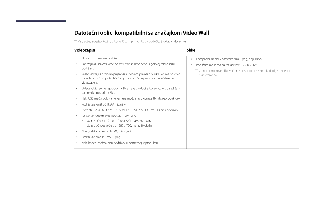 Samsung LH55UEDPLGC/EN, LH46UEDPLGC/EN manual Datotečni oblici kompatibilni sa značajkom Video Wall, Videozapisi 