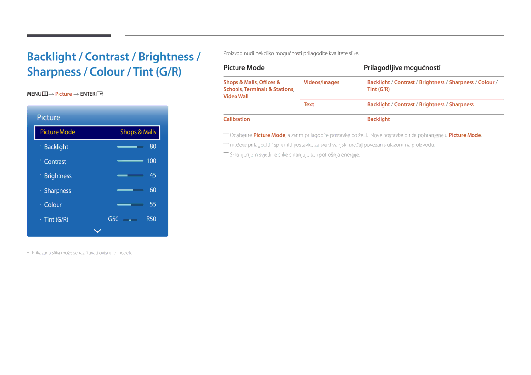 Samsung LH55UEDPLGC/EN, LH46UEDPLGC/EN manual Picture Mode Prilagodljive mogućnosti, MENUm→ Picture → Entere, Tint G/R 