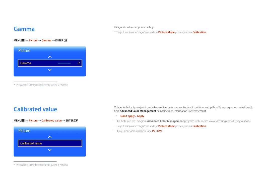 Samsung LH55UEDPLGC/EN manual MENUm → Picture → Gamma → Entere, MENUm → Picture → Calibrated value → Entere 