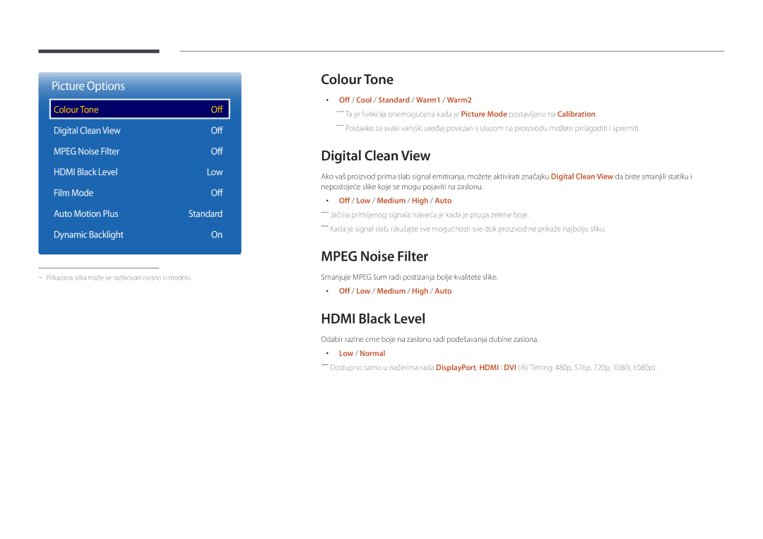 Samsung LH46UEDPLGC/EN, LH55UEDPLGC/EN manual Colour Tone, Digital Clean View, Mpeg Noise Filter, Hdmi Black Level 