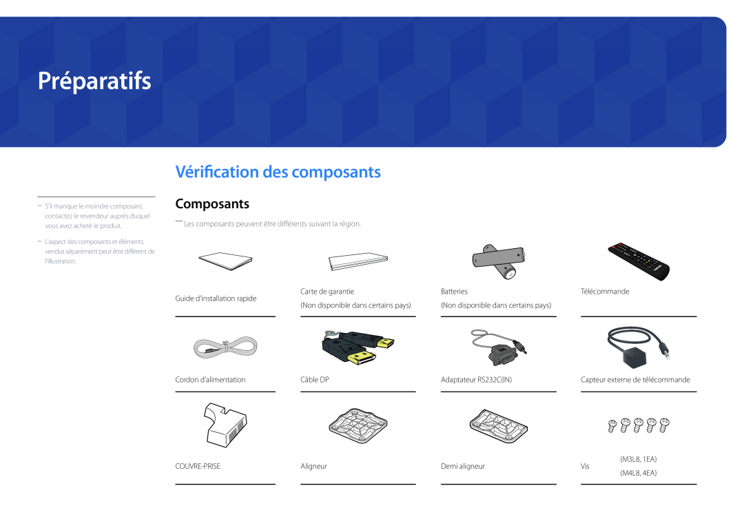 Samsung LH46UEDPLGC/EN, LH55UEDPLGC/EN manual Préparatifs, Vérification des composants, Composants 