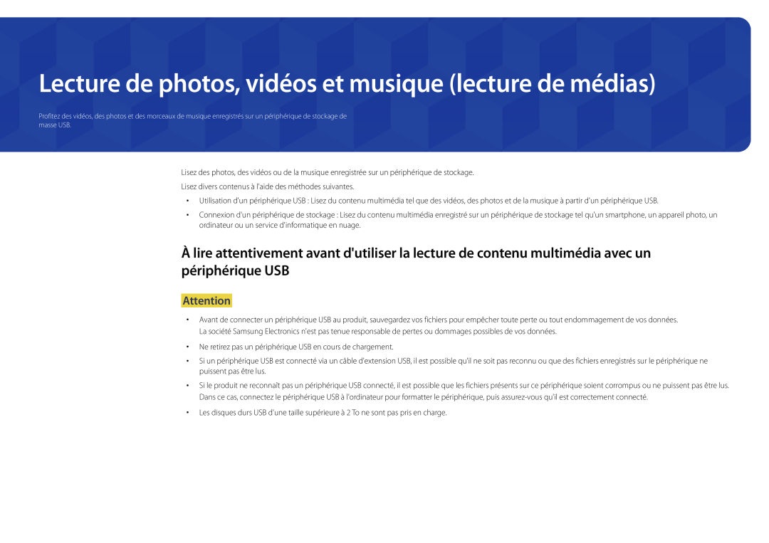 Samsung LH55UEDPLGC/EN, LH46UEDPLGC/EN manual Lecture de photos, vidéos et musique lecture de médias 
