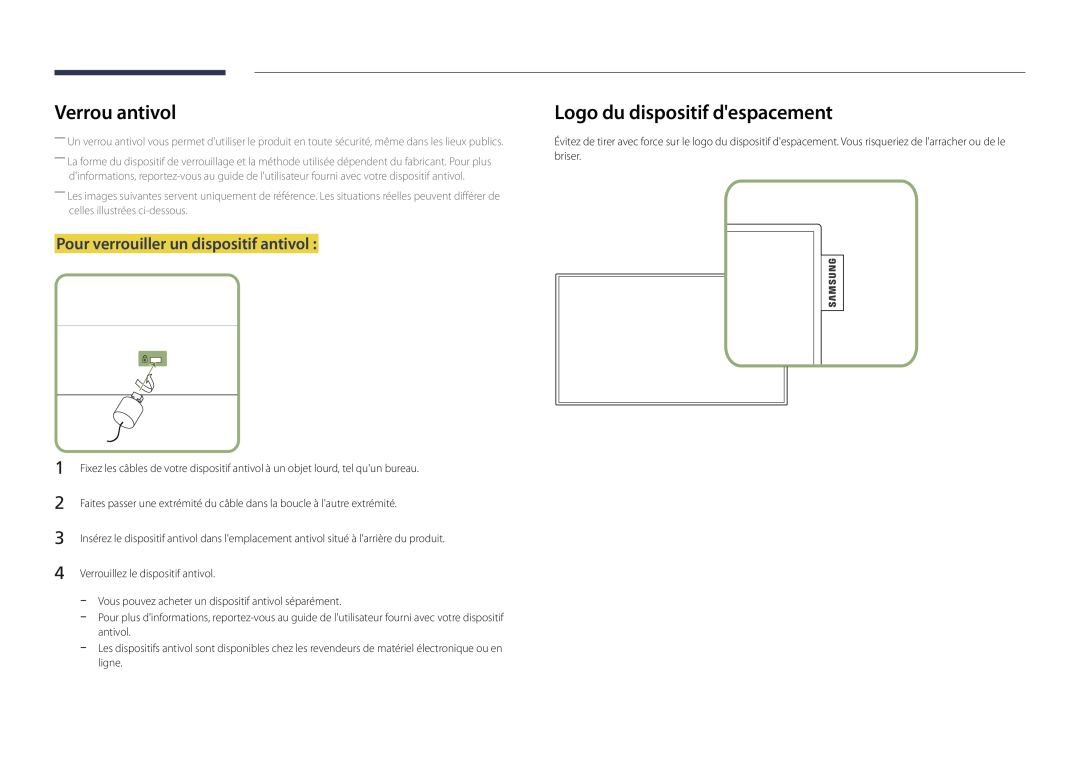 Samsung LH55UEDPLGC/EN manual Verrou antivol, Logo du dispositif despacement, Pour verrouiller un dispositif antivol 