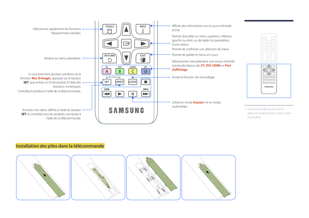 Samsung LH55UEDPLGC/EN, LH46UEDPLGC/EN manual Installation des piles dans la télécommande, A B C D 
