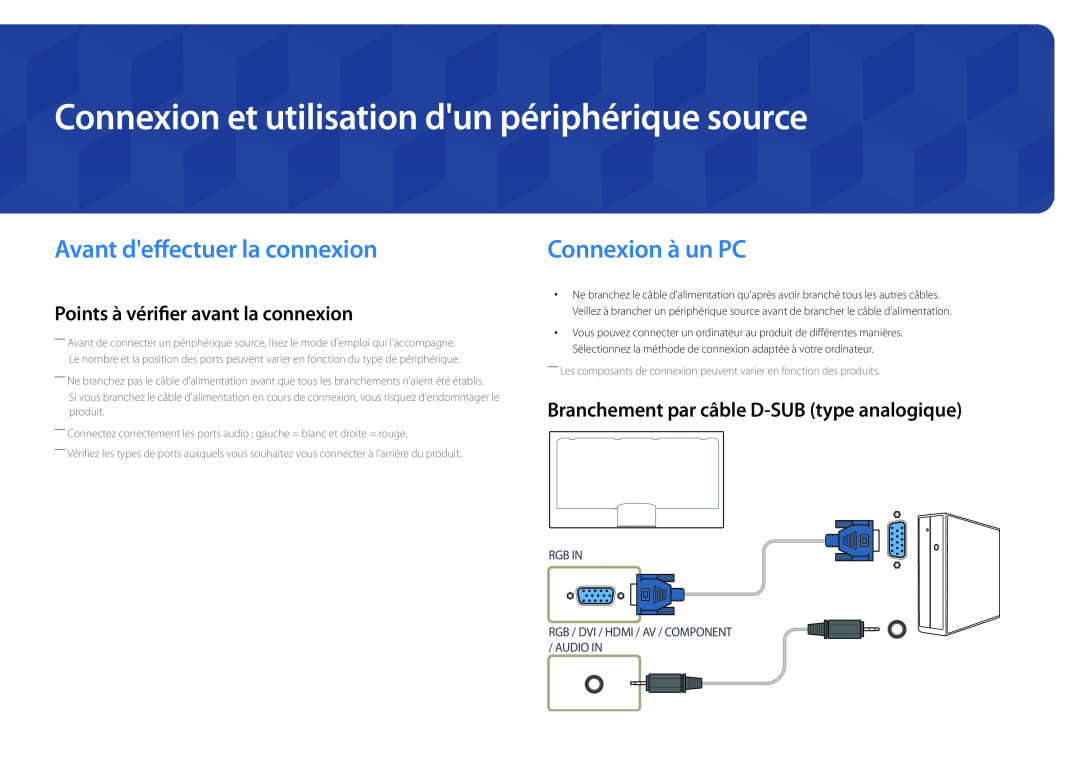 Samsung LH46UEDPLGC/EN Connexion et utilisation dun périphérique source, Avant deffectuer la connexion, Connexion à un PC 
