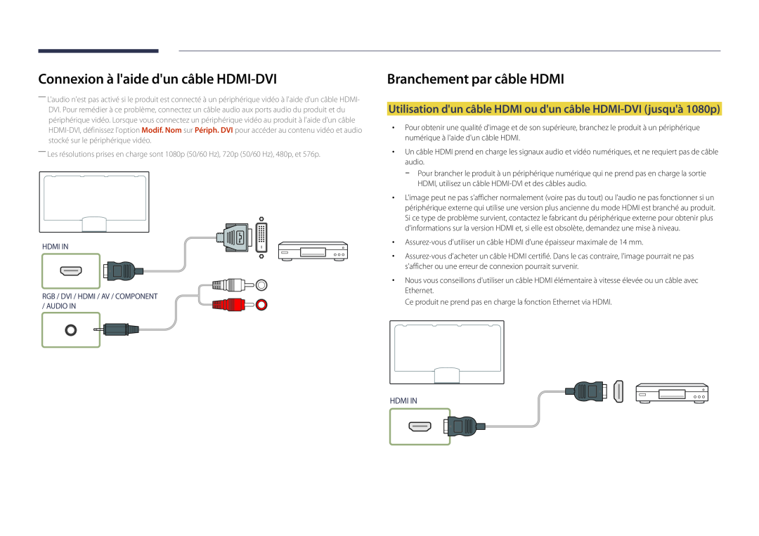 Samsung LH46UEDPLGC/EN Utilisation dun câble HDMI ou dun câble HDMI-DVI jusquà 1080p, Connexion à laide dun câble HDMI-DVI 