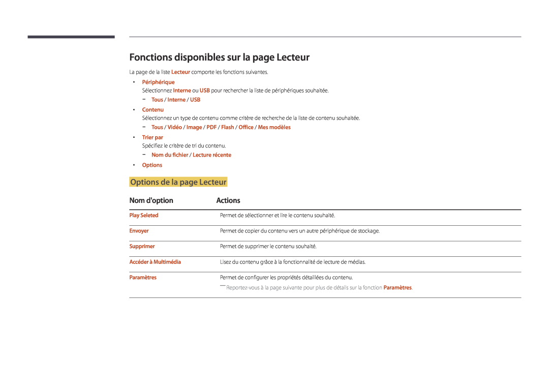 Samsung LH46UEDPLGC/EN manual Fonctions disponibles sur la page Lecteur, Options de la page Lecteur, Nom doption, Actions 