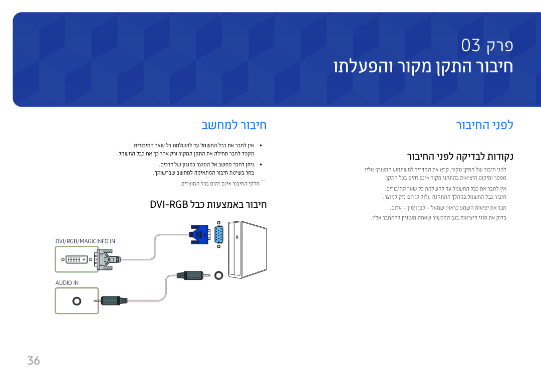 Samsung LH46UHFCLBB/CH manual ותלעפהו רוקמ ןקתה רוביח, בשחמל רוביח, רוביחה ינפל, Dvi-Rgb לבכ תועצמאב רוביח 