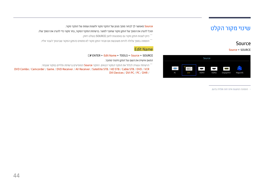 Samsung LH46UHFCLBB/CH manual טלקה רוקמ יוניש, ‏ENTER‏← Edit Name ← TOOLS‏← Source ← SOURCE‏, Source ← Source 
