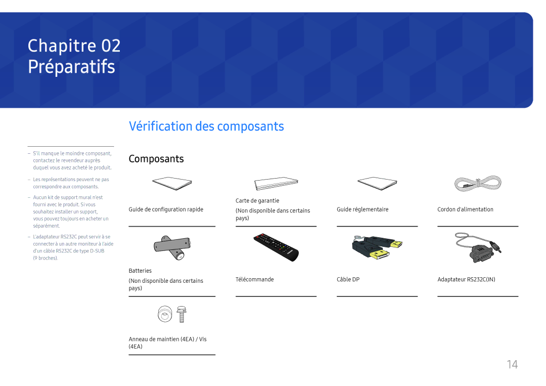 Samsung LH46UHFCLBB/EN manual Préparatifs, Vérification des composants, Composants 