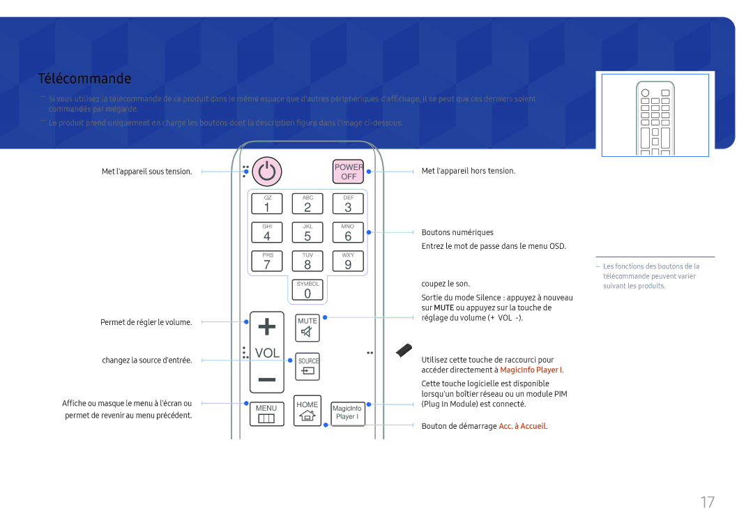 Samsung LH46UHFCLBB/EN manual Télécommande, Permet de régler le volume Changez la source dentrée 