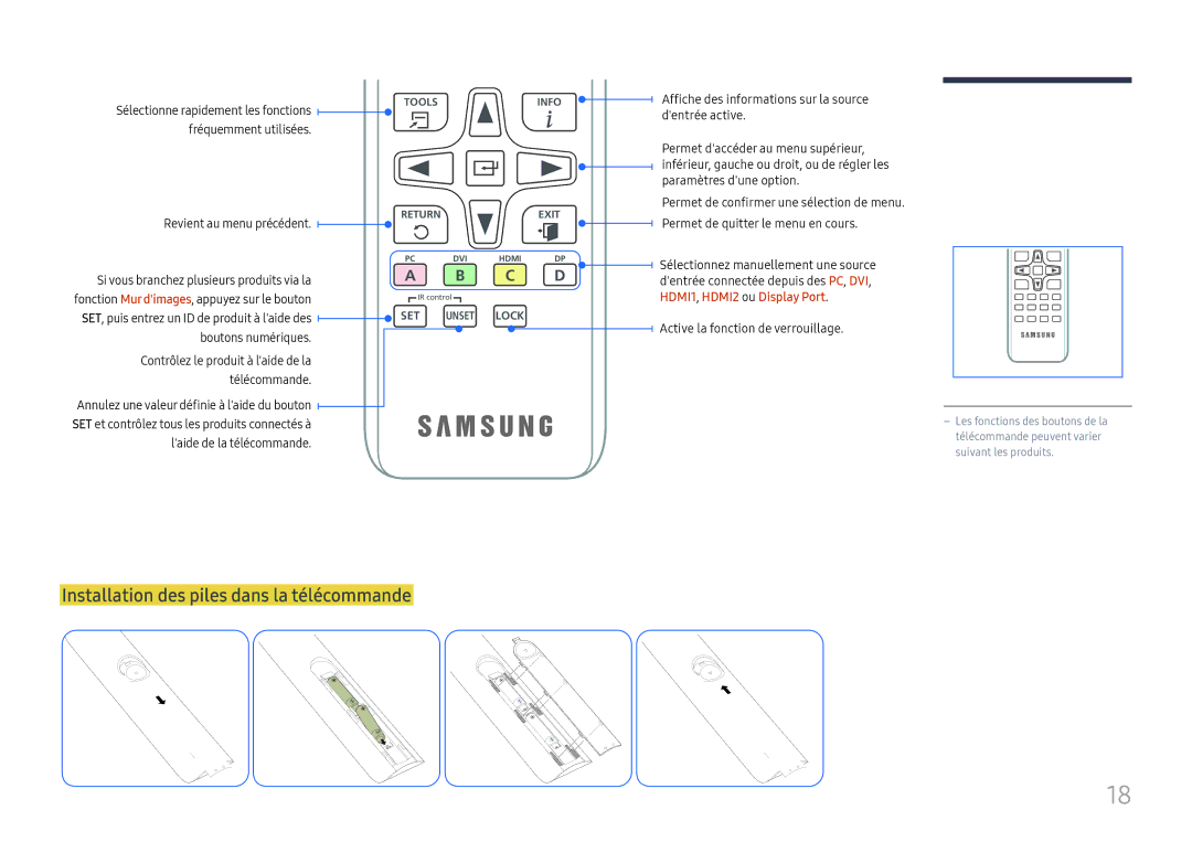 Samsung LH46UHFCLBB/EN Installation des piles dans la télécommande, Revient au menu précédent, Laide de la télécommande 