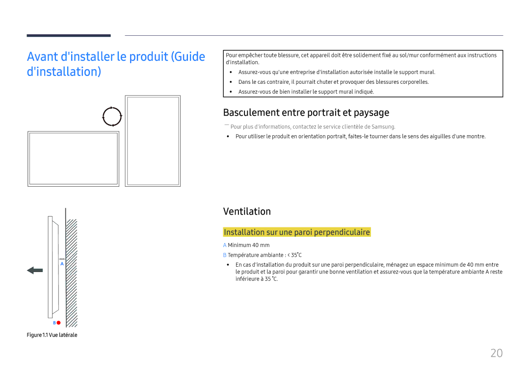 Samsung LH46UHFCLBB/EN Avant dinstaller le produit Guide dinstallation, Basculement entre portrait et paysage, Ventilation 