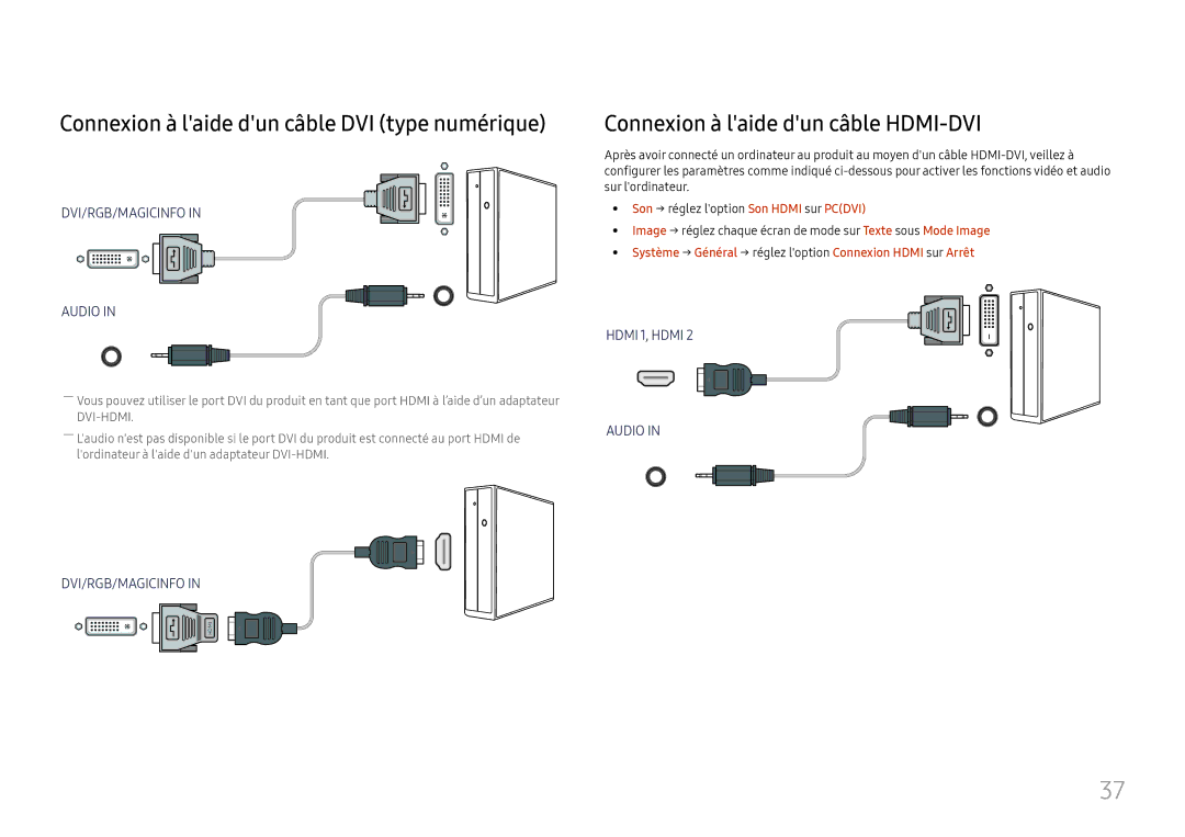 Samsung LH46UHFCLBB/EN manual Connexion à laide dun câble DVI type numérique, Connexion à laide dun câble HDMI-DVI 