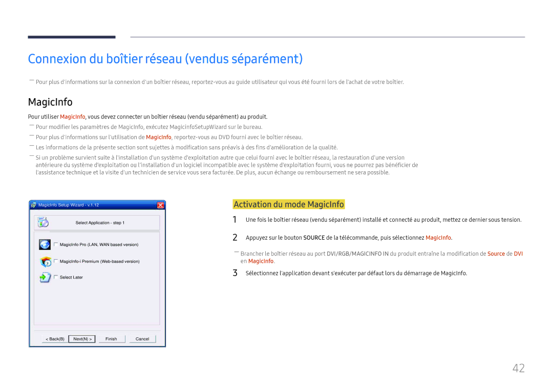 Samsung LH46UHFCLBB/EN manual Connexion du boîtier réseau vendus séparément, Activation du mode MagicInfo 