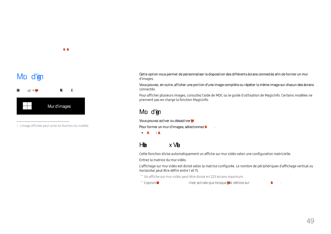 Samsung LH46UHFCLBB/EN manual Fonctionnalités de laccueil, Mur dimages, Horizontal x Vertical 