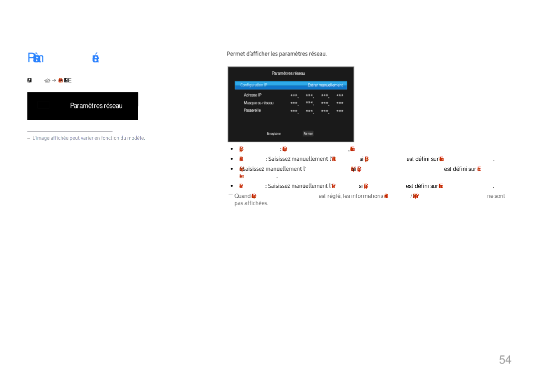 Samsung LH46UHFCLBB/EN manual Home → Paramètres réseau→ Enter E, Permet d’afficher les paramètres réseau 