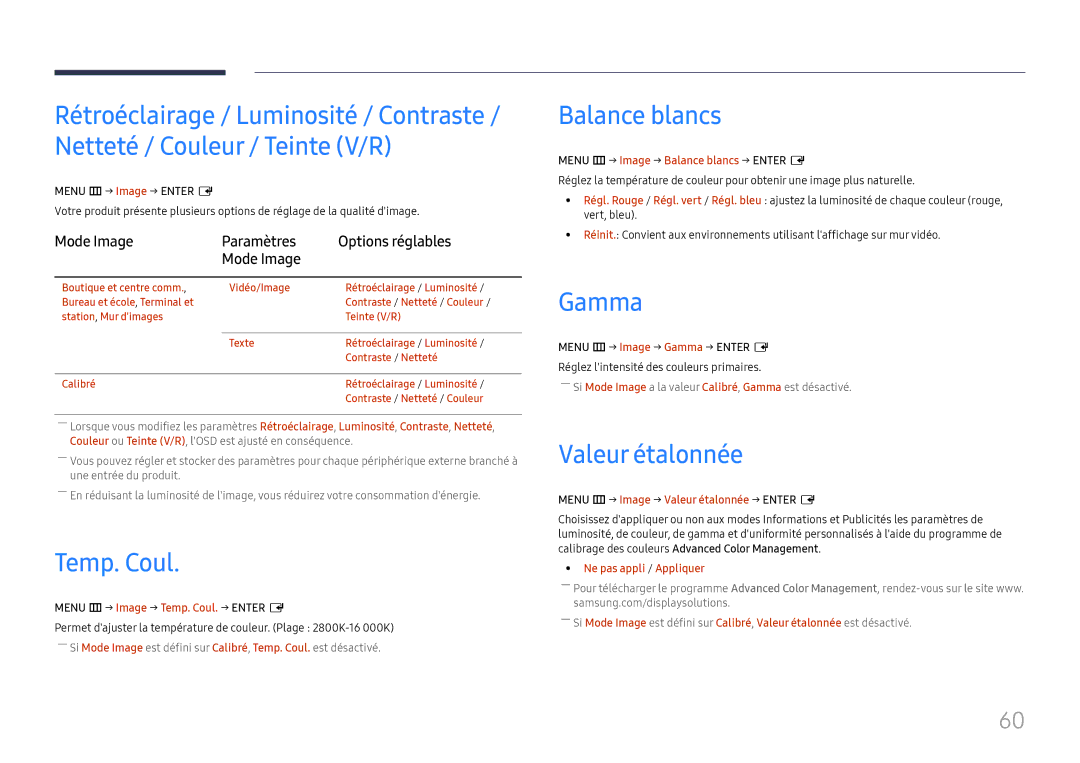 Samsung LH46UHFCLBB/EN manual Temp. Coul, Balance blancs, Gamma, Valeur étalonnée, Mode Image Paramètres Options réglables 