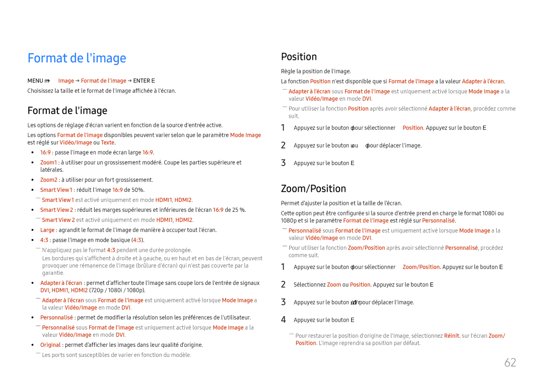 Samsung LH46UHFCLBB/EN manual Zoom/Position, Menu m → Image → Format de limage → Enter E 