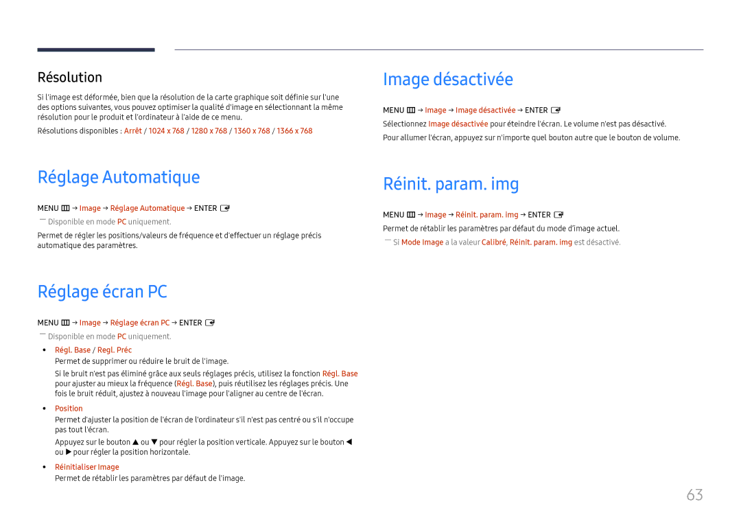 Samsung LH46UHFCLBB/EN manual Image désactivée, Réglage Automatique, Réglage écran PC, Réinit. param. img, Résolution 