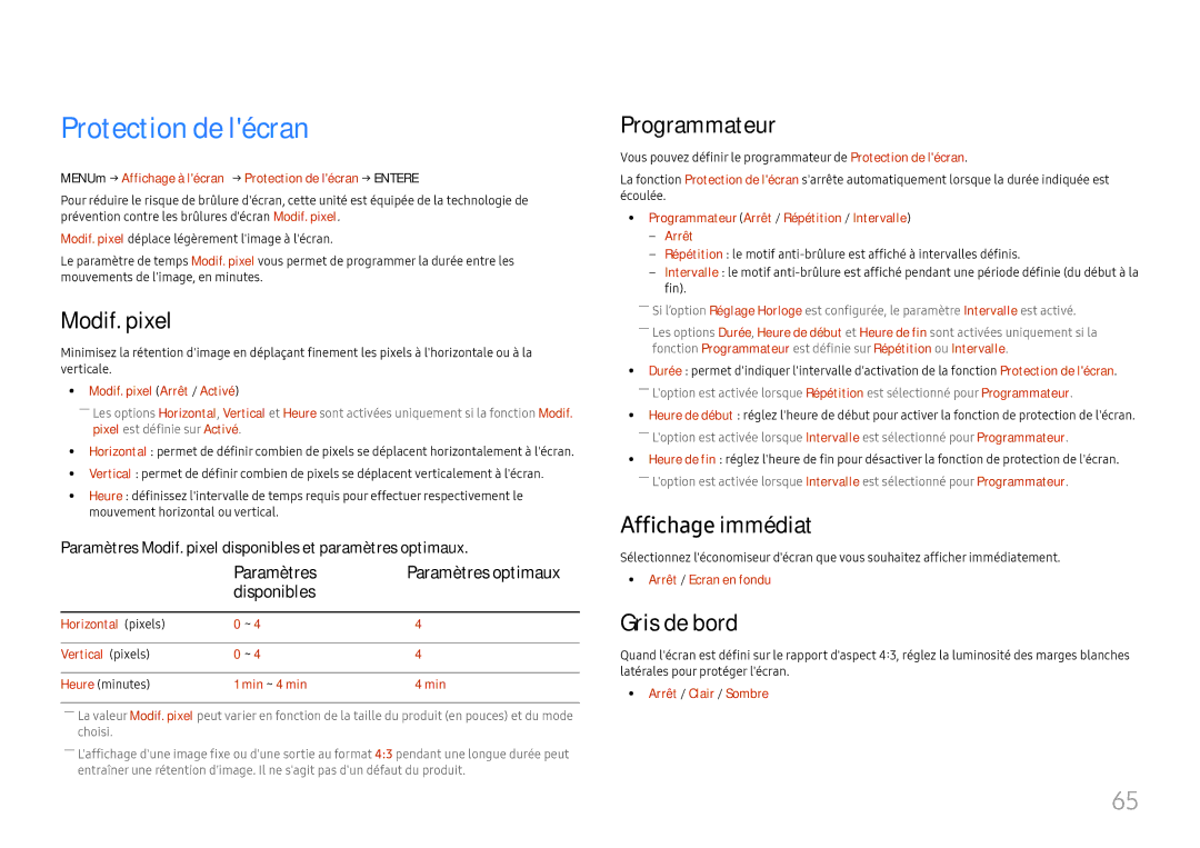 Samsung LH46UHFCLBB/EN manual Protection de lécran, Modif. pixel, Programmateur, Affichage immédiat, Gris de bord 