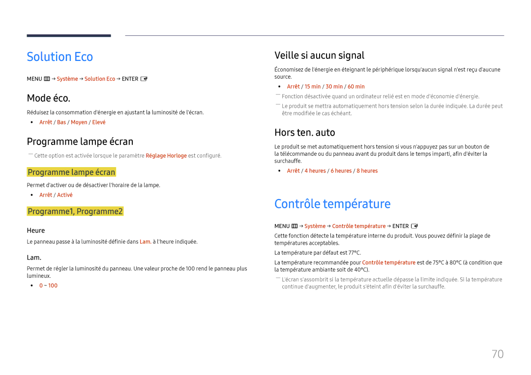 Samsung LH46UHFCLBB/EN manual Solution Eco, Contrôle température 