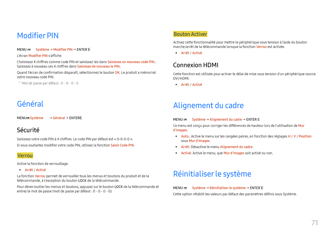 Samsung LH46UHFCLBB/EN manual Modifier PIN, Général, Alignement du cadre, Réinitialiser le système 