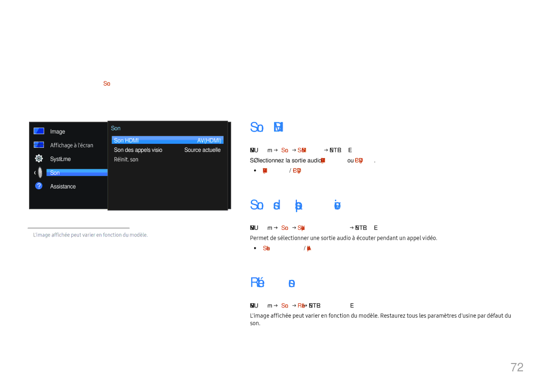 Samsung LH46UHFCLBB/EN manual Réglage du son, Son Hdmi, Son des appels visio, Réinit. son 