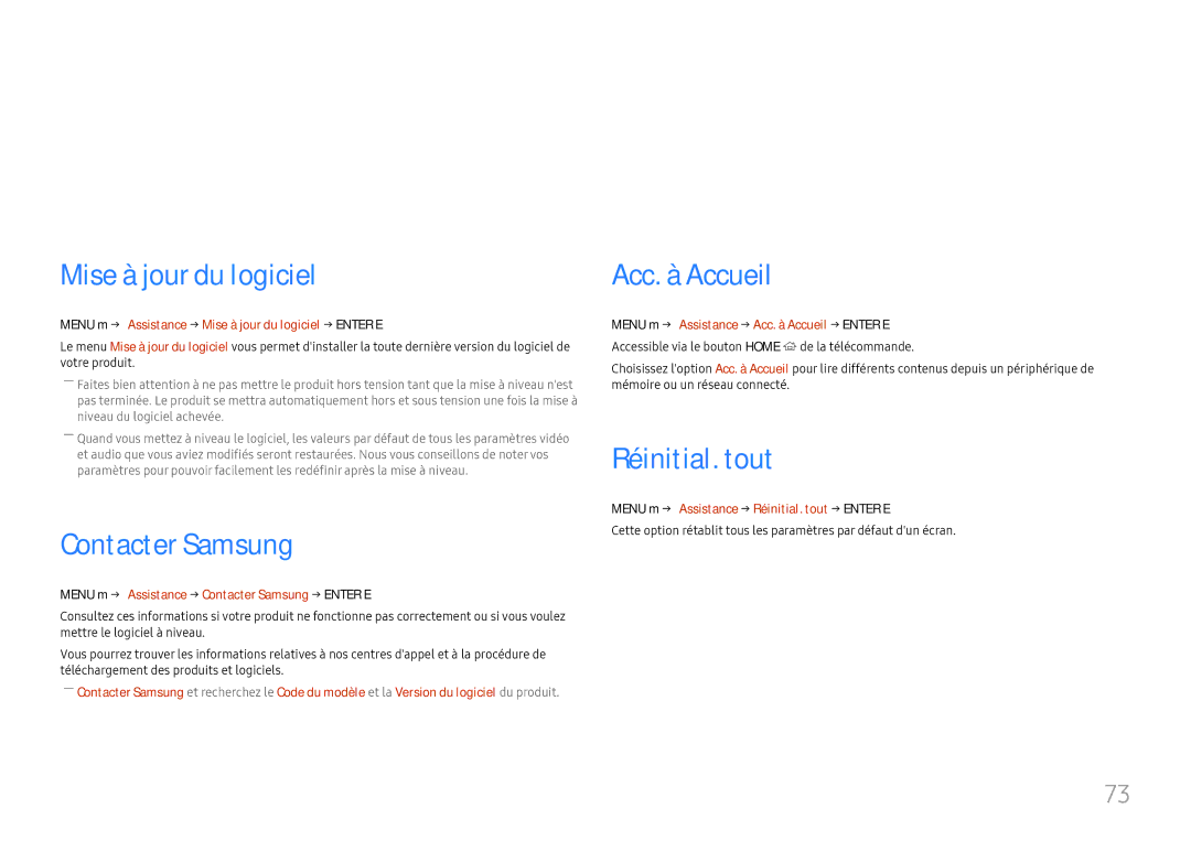 Samsung LH46UHFCLBB/EN manual Assistance, Mise à jour du logiciel, Contacter Samsung, Acc. à Accueil, Réinitial. tout 