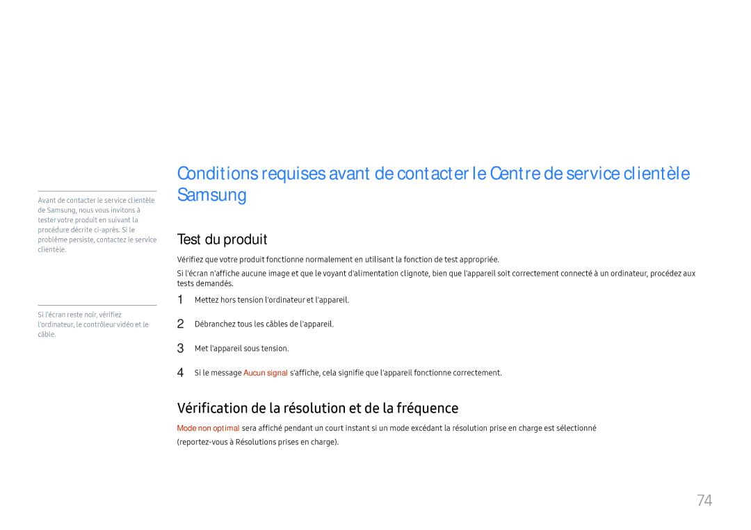 Samsung LH46UHFCLBB/EN manual Guide de dépannage, Test du produit, Vérification de la résolution et de la fréquence 