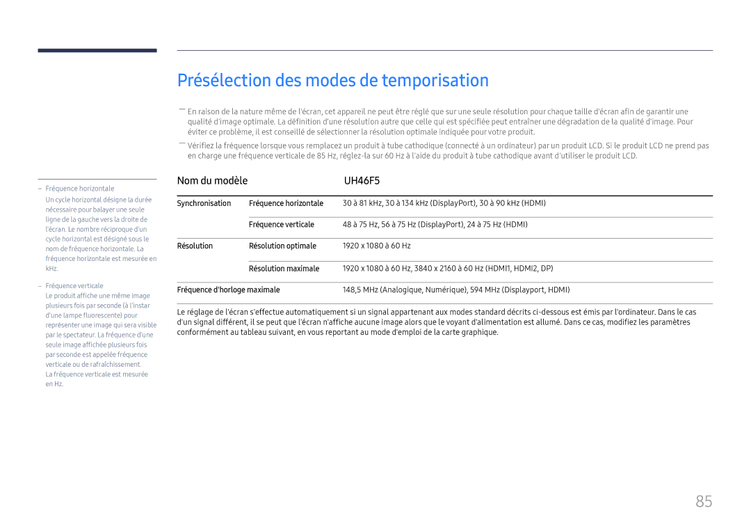 Samsung LH46UHFCLBB/EN manual Présélection des modes de temporisation, UH46F5, 60 Hz, Résolution maximale 