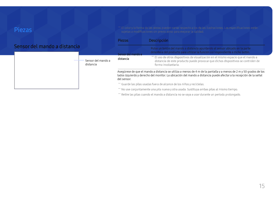 Samsung LH46UHFCLBB/EN manual Sensor del mando a distancia, Piezas Descripción 