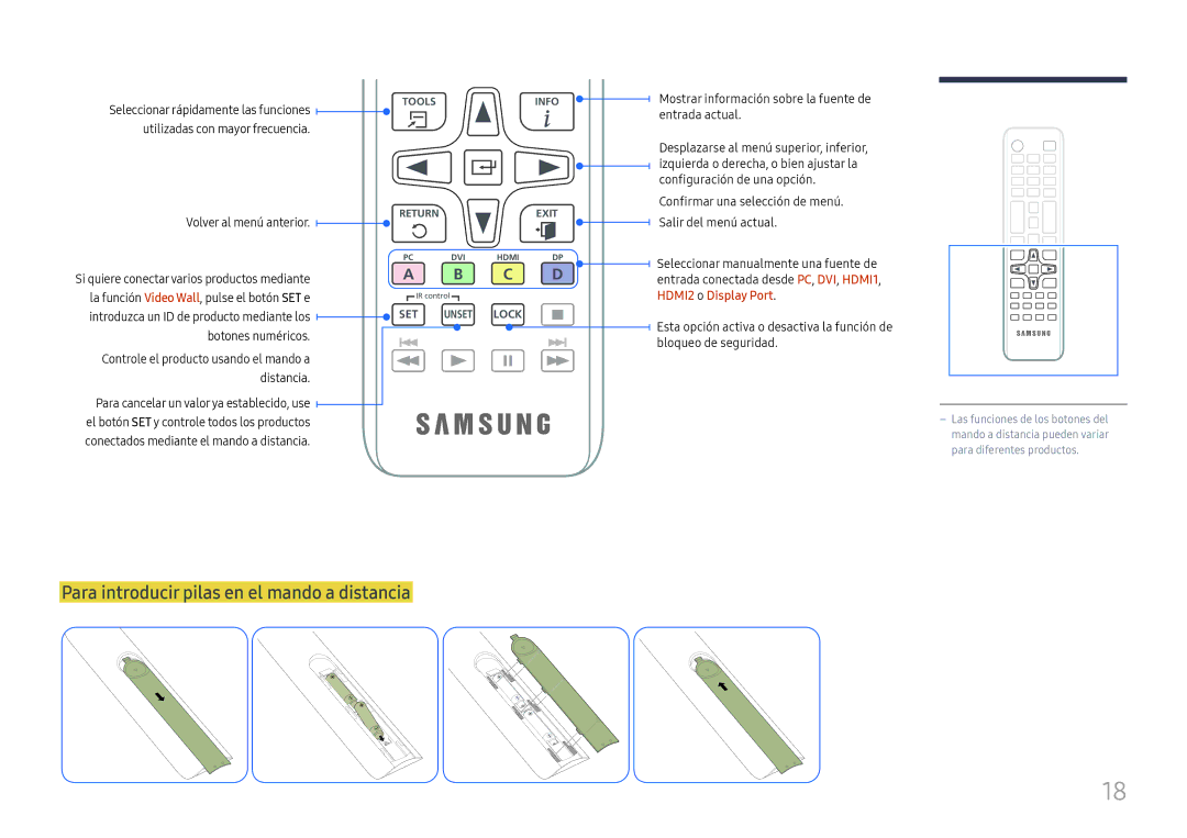 Samsung LH46UHFCLBB/EN manual Para introducir pilas en el mando a distancia, Volver al menú anterior 